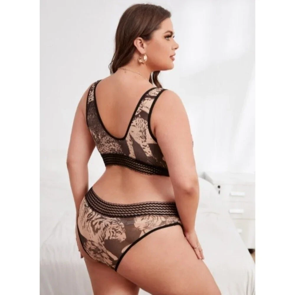 3X Plus Size Leopard Print Sheer Mesh Lingerie Set Multicolor